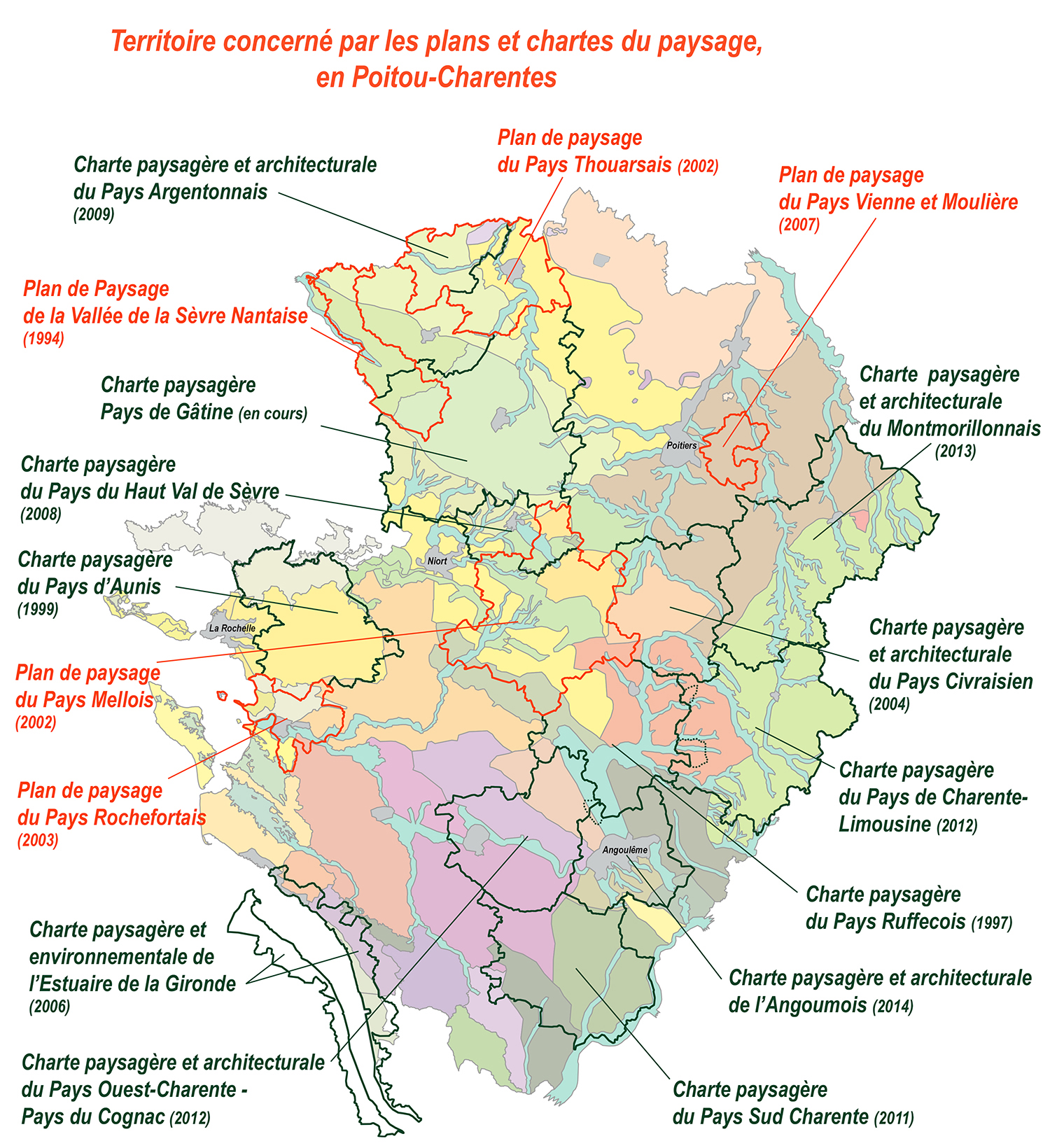 Carte des chartes et plans du paysage en Poitou-Charentes 2016 © CEN-PC